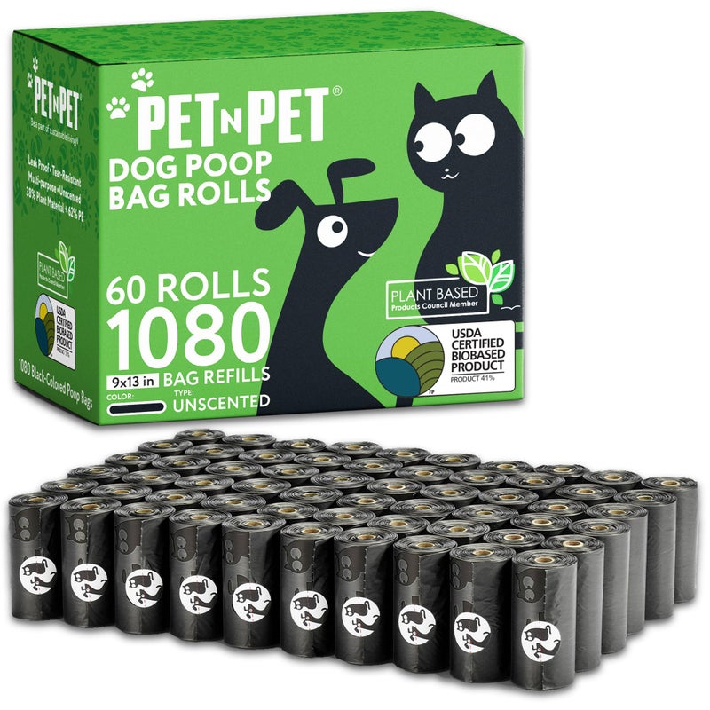 PET N PET حقائب فضلات الكلاب السوداء من بيت ن بيت 1080 عدداً، 41% مصنوعة من النباتات و59% من البولي إيثيلين، رولز سميكة جداً، 9" × 13"، بدون رائحة - Image 1
